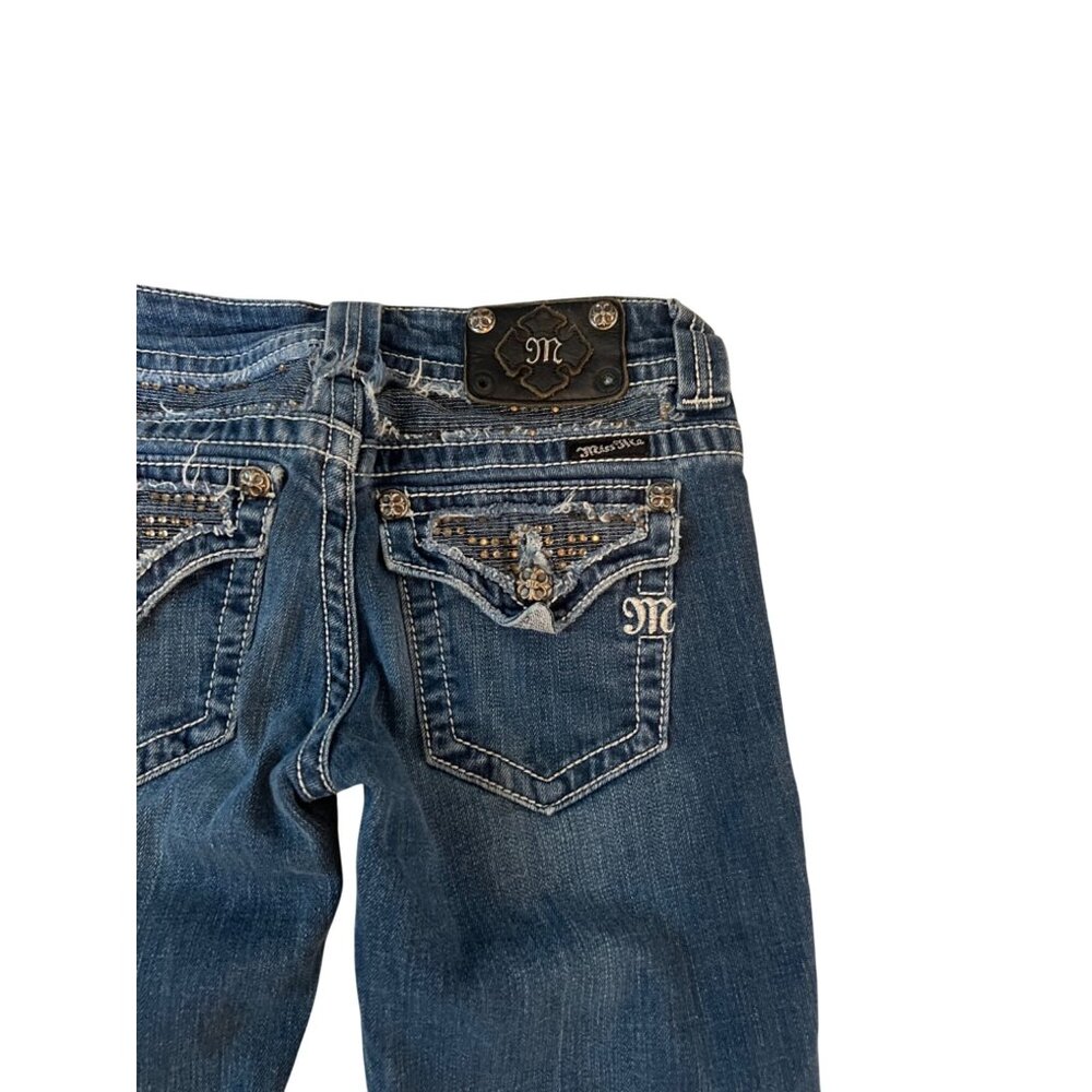 Miss Me Skinny Jeans Mid-Rise Dark Wash Distressed Denim Rhinestone Pocket Sz 27